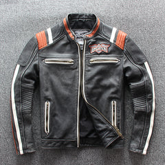 Top Layer Cowhide Distressed Stand Collar Slim Fit Embroidered Motorcycle Suit Leather Jacket Jacket Shopping