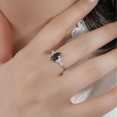 S925 Silver Oval Black Agate Diamond-embedded Simple Design Women's Ring