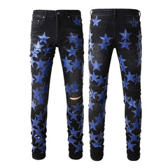 Image of High Street Leather Dark Blue Star Trendy High Craft Stretch Slim Jeans