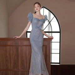 Blue Host Dress With Beaded Shoulders