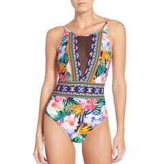 Sexy Mesh One Piece Swimsuit High Cut Swimwear Women Floral Bathing Suit Patchwork Bikini Shopping