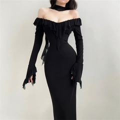 Long Sleeve Off Shoulder High Waist Sheath Dress