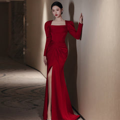 Bride Fishtail Square Collar Long Sleeve Design Simple Satin Evening Dress Shopping