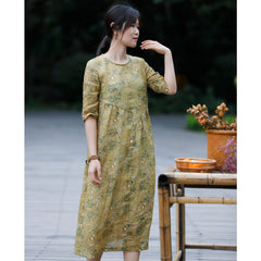 New Cotton Linen High-woven Ramie Floral Dress Women's Literary And Artistic Self-cultivation Shopping