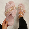 Image of Cross Fur Slipper Pearl Advanced European And American Korean Style Home Plus Size Flowers Shopping