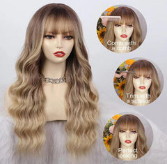 26 Inch Long Ash Blonde Wig With Bangs Natural Wavy Hair - Perfect For Daily Wear And Middle Part Style