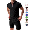 Image of 2Pcs Casual Waffle Suit Summer Zipper Lapel Short-sleeved Top And Drawstring Pockets Shorts Versatile Solid Color T-shirt Set For Mens Clothing Shopping