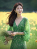 Image of Holiday Green Floral Ladies Dress Sophisticated Shopping