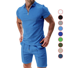 2Pcs Casual Waffle Suit Summer Zipper Lapel Short-sleeved Top And Drawstring Pockets Shorts Versatile Solid Color T-shirt Set For Mens Clothing Shopping