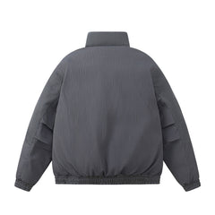 Pleated Design Loose Casual Pocket Zipped Stand Collar Cotton-padded Coat