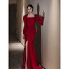 Image of Bride Fishtail Square Collar Long Sleeve Design Simple Satin Evening Dress Shopping