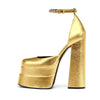 Image of Golden Square Head Hollow Waterproof Platform Buckled Chunky Heel Super High Heel Shopping