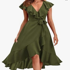 Women's V-neck Short Sleeve Ruffles Long Tie Dress Shopping