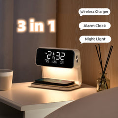 Creative 3 In 1 Bedside Lamp Wireless Charging LCD Screen Alarm Clock  Wireless Phone Charger Shopping