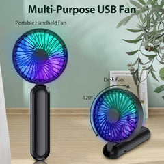 Portable HandHeld Fan, Personal USB Hand Fans With RGB Color Light, 5 Speed Foldable Table Fan With Rechargeable Battery Operated For Travel Office Room Shopping