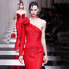 Image of Elegant High-end Dress Rose Red Sequined Evening Dress Female New Year Battle Gown Host Shopping