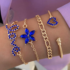 4pcs Blue Flower Love Butterfly Bracelet Set With Rhinestones Design Valentines Day Shopping