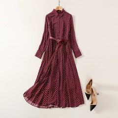 Elegant Pleated Skirt Retro Temperament Wine Red Polka Dots Shopping