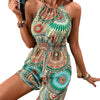 Image of Waist Printed Halter Off-the-shoulder One-piece Shorts Shopping