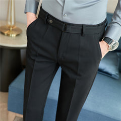 Fall Winter Men's Belt Design Slim-fit Textured Youth Suit Pants