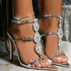 Image of Fashionable Golden Rhinestone Gem Stiletto Sandals Toe High Heels Shopping