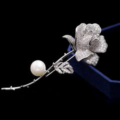 Women's Fashion Pearl Inlaid Zircon Camellia Brooch