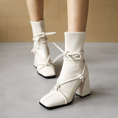 European And American Lace Up Thick High Heel Square Head Women's Ankle Boots G682 Shopping