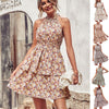 Image of Summer Printed Halter Dress Fashion Boho Backless Ruffled A-Line Beach Dresses For Womens Clothing Shopping