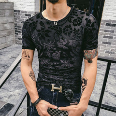 Men's Gold Velvet Ice Silk Cut-out Breathable Short Sleeve Round Neck T-shirt Shopping