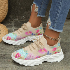 Women's Sports Shoes Flowers Print Walking Sneakers Casual Breathable Lace-up Mesh Shoes Shopping