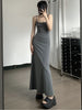 Image of High-Waist Slimming Strap Dress, Solid Color Casual A-Line Knee-Length For Women Shopping