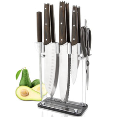 Knife Block with Knife, 9-Piece Kitchen Knife Set Sharp with Acrylic Block Holder, Wooden Handle with Manual Sharpener, Peeling Scissors - Best Cutlery Set Gift Amazon Platform Banned Shopping