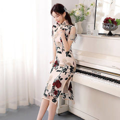 Improved Voile Embroidered Slim Fit Cheongsam Retro Stand Collar Short Sleeve Dress