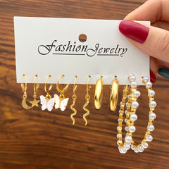 Simple Temperament Dripping Butterfly Snake Pearl Earrings 5-piece Set Shopping