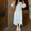 Image of Retro Ethnic Travel Holiday Embroidered Long Dress, Hollow White Embroidered Dress, Linen V-neck Dress, Cotton Summer Cloth, Boho Maxi Dress Shopping