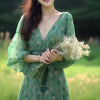 Image of Holiday Green Floral Ladies Dress Sophisticated Shopping