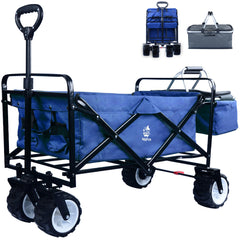 Collapsible Wagon,Wagons Carts Foldable Grocery Cart On Wheels Beach Wagon Foldable Cart With Wheels, Cooler Bag, Cup Holders,Cargo Net,Shopping, Garden,SportsBlue Shopping