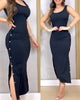 Image of Women's Elegant Sunken Stripe Sleeveless Button Long Dress Shopping