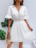 Image of Patchwork Lace Fashion V-neck Tight Waist Solid Color Dress Shopping