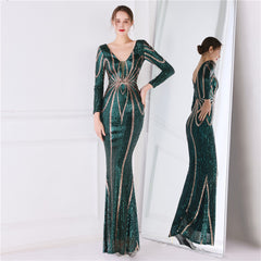 New Banquet Elegant Long-sleeved Sequined Aura Queen Fishtail Dress Shopping