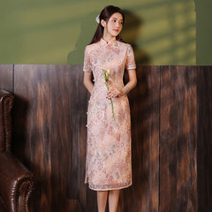 Summer New Chinese Style Stand Collar Modified Bright Sequin Embroider Chinese Style Cheongsam Dress Shopping