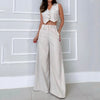 Image of Fashion V-neck Striped High Waist Wide Leg Pants Shopping