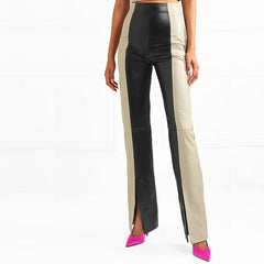 High Waist Slim Two Tone Patchwork PU Leather Pants