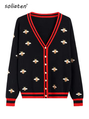 High Quality Fashion Designer Bee Embroidery Cardigan Long Sleeve Single Breasted Contrast Color Button Knitted Sweaters C-068 Shopping