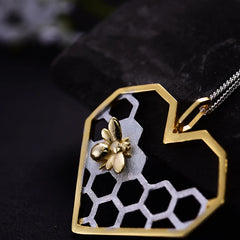 Lotus Fun Real 925 Sterling Silver Fine Jewelry Honeycomb Home Guard 18K Gold Bee Love Heart Pendant without Chain for Women