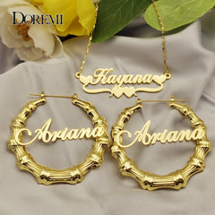 DOREMI One Name Earrings and Necklace set Tile Chain Round Bamboo Earrings Custom Bamboo Letter Personalised Name Earrings Gift Shopping