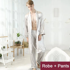 Men Robe Set Satin Loose Kimono Bathrobe Gown Sexy Long Sleeve Autumn Sleepwear Nightgown Bridegroom Wedding Intimate Lingerie