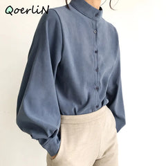 Big Lantern Sleeve Blouse Women Autumn Winter Single Breasted Stand Collar Shirts Office Work Blouse Solid Vintage Blouse Shirts