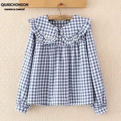 Women Plaid Shirt Long Sleeve Spring Summer Tops Ladies Japanese Mori Girl Peter pan Collar Cute Baby doll Cotton White Blouses Shopping