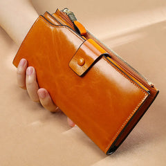 RFID Blocking Genuine Leather Women Wallet Long Lady Leather Purse Brand Design Luxury Oil Wax Leather Female Wallet Coin Purse